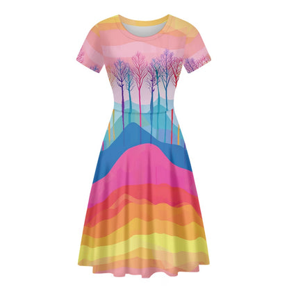 Rainbow Nature Scenic Women Scoop Neck Short Sleeve Ruffle Dress