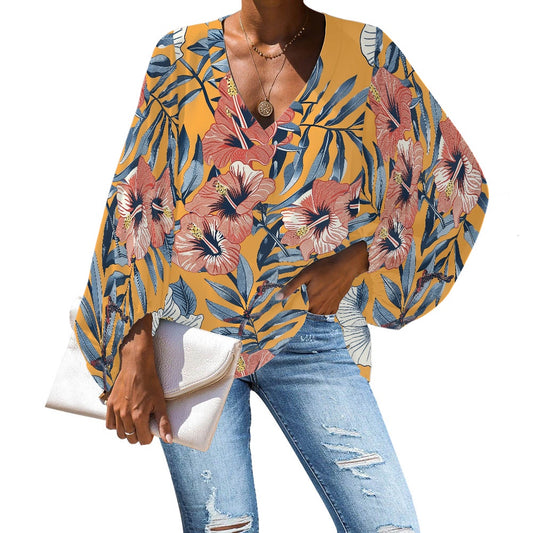 V-Neck Chiffon Puff Sleeve Blouse by Luxtrini 4XL