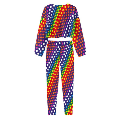 LGBTQ-Friendly Rainbow Polka Dot Trendy Two-Piece Set: Cropped Off-Shoulder Jacket and High-Waisted Leggings by Luxtrini