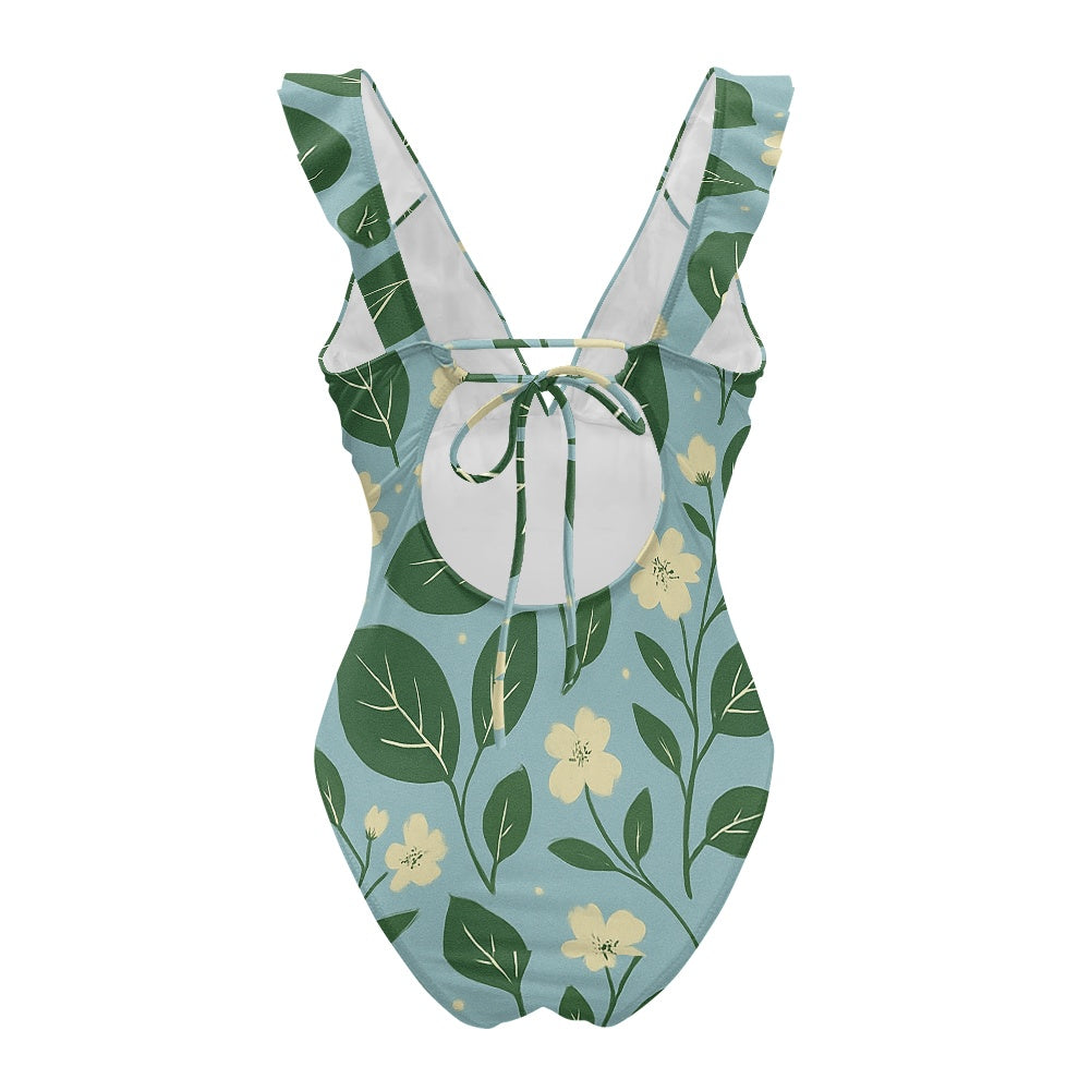 Vintage Garden Bloom One-Piece Swimsuit – Eco Ruffled Plunge Bathing Suit with Lace-Up Back