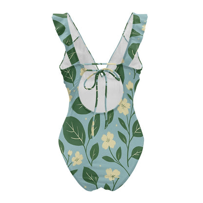 Vintage Garden Bloom One-Piece Swimsuit – Eco Ruffled Plunge Bathing Suit with Lace-Up Back