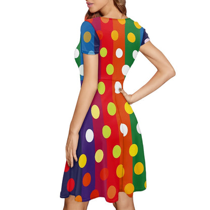Rainbow Polka Women Scoop Neck Short Sleeve Ruffle Dress