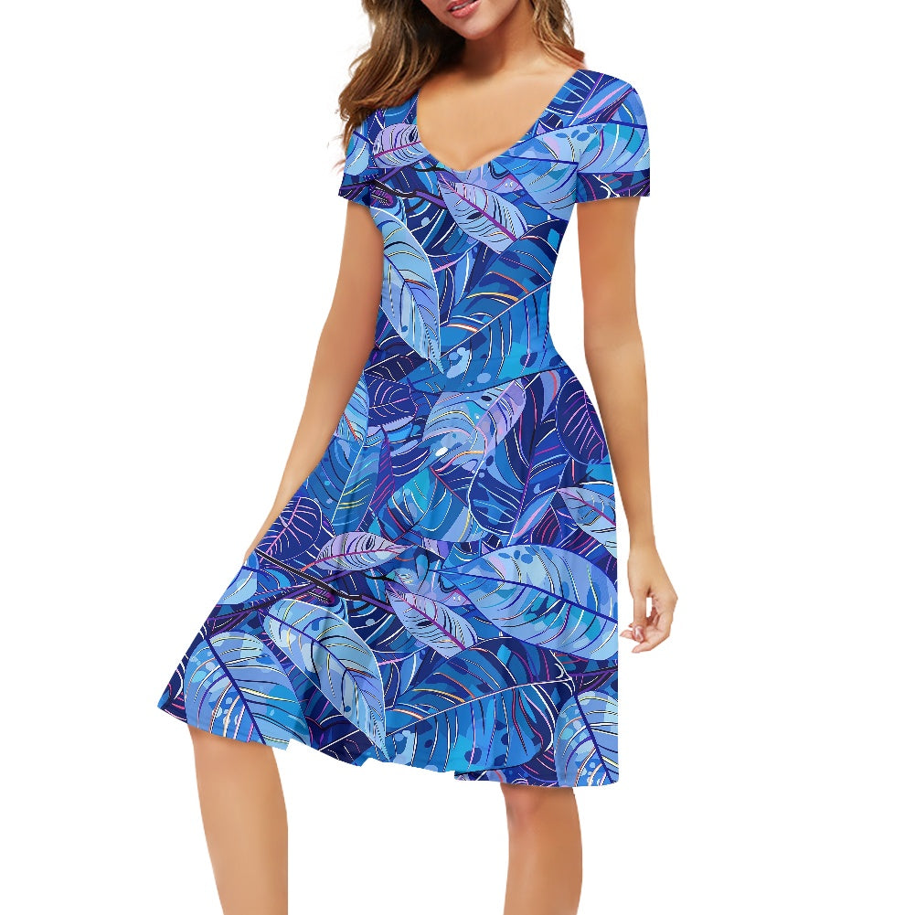Women V-Neck Short Sleeve Ruffle Dress