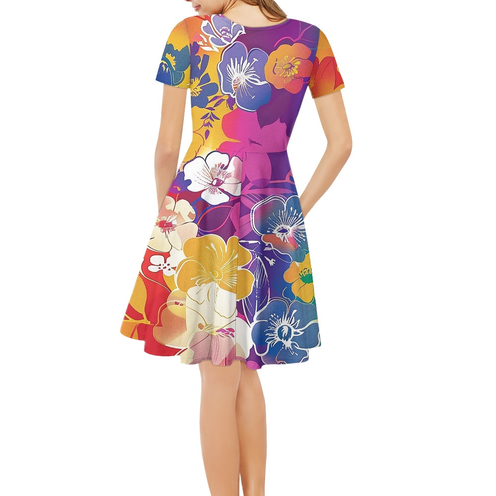 Rainbow Flowers Women V-Neck Short Sleeve Ruffle Dress