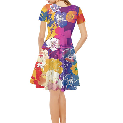 Rainbow Flowers Women V-Neck Short Sleeve Ruffle Dress