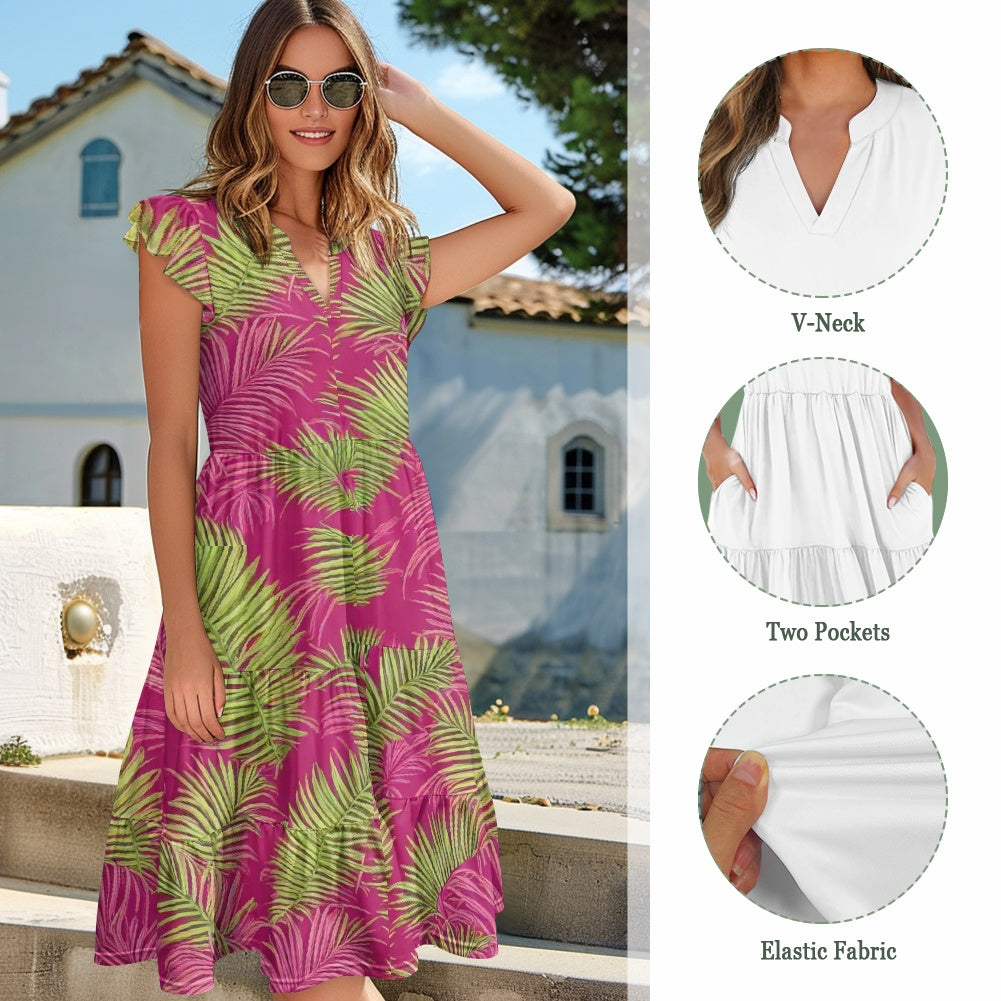 Women's V-neck pocket waist patchwork dress
