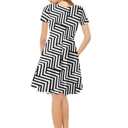 Black and White Chevrons Women V-Neck Short Sleeve Ruffle Dress