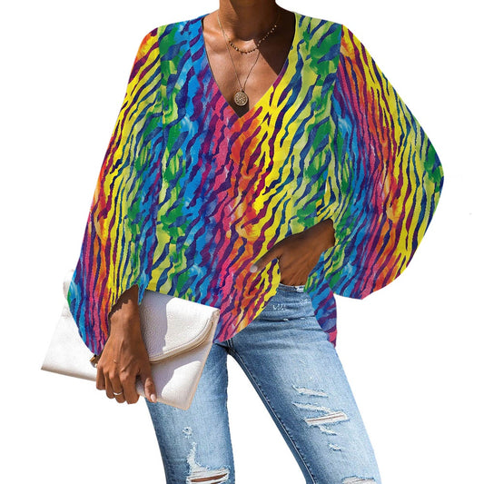 V-Neck Chiffon Puff Sleeve Blouse by Luxtrini