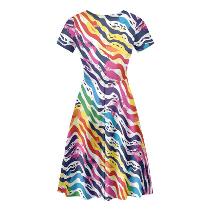 Rainbow Animal Print Women Scoop Neck Short Sleeve Ruffle Dress