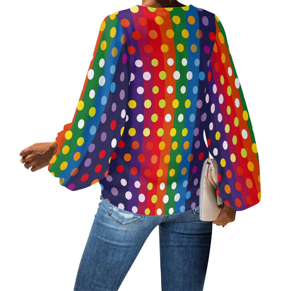 Polka Dots on Rainbow Stripes V-Neck Chiffon Puff Sleeve Blouse – LGBTQ+ Polka Dot Pattern by Luxtrini
