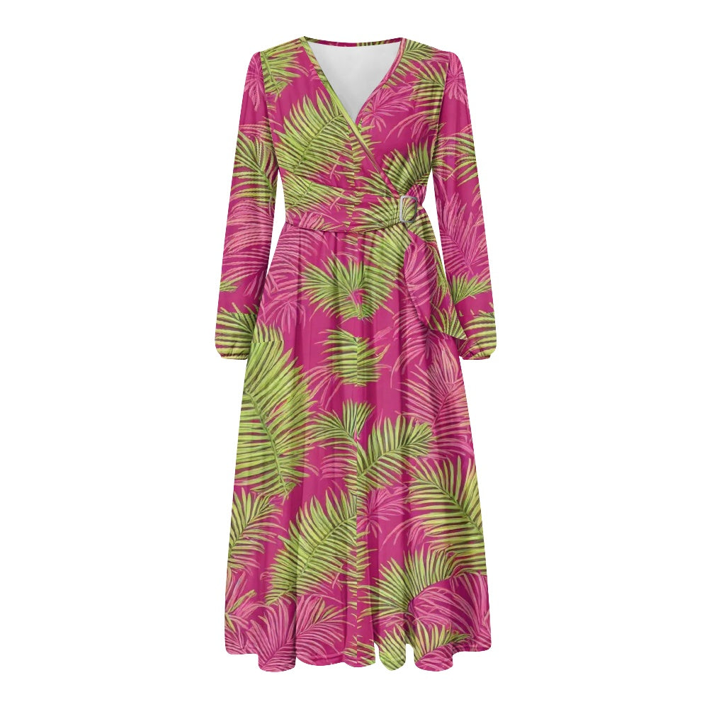 V-Neck Long Sleeve Tie Waist Midi Dress