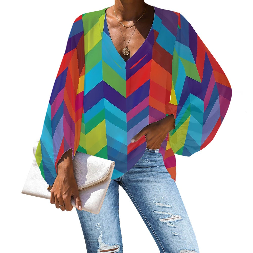 Rainbow Chevrons V-Neck Chiffon Puff Sleeve Blouse by Luxtrini 4XL