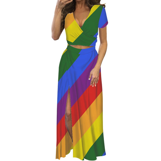Rainbow Short sleeve long dress suit white