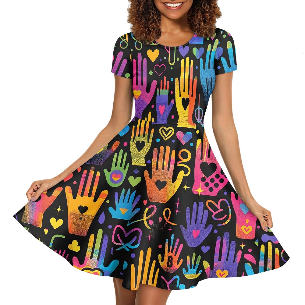 Women Scoop Neck Short Sleeve Ruffle Dress