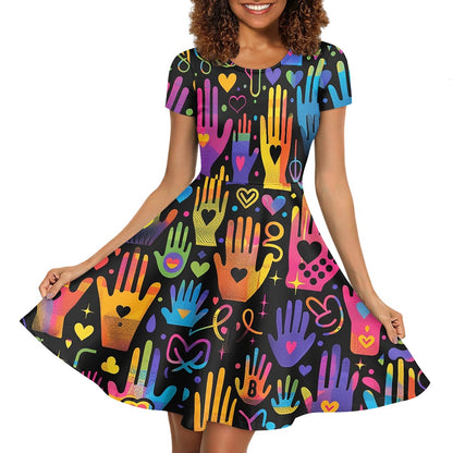 Women Scoop Neck Short Sleeve Ruffle Dress