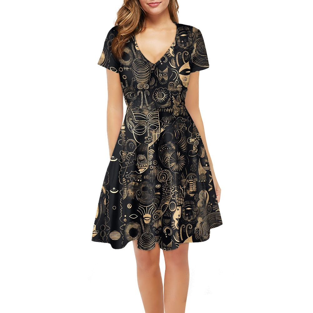 Black and Beige Women V-Neck Short Sleeve Ruffle Dress with Afrofuturism Touches