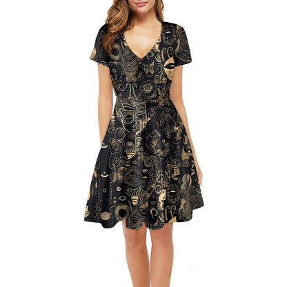 Black and Beige Women V-Neck Short Sleeve Ruffle Dress with Afrofuturism Touches
