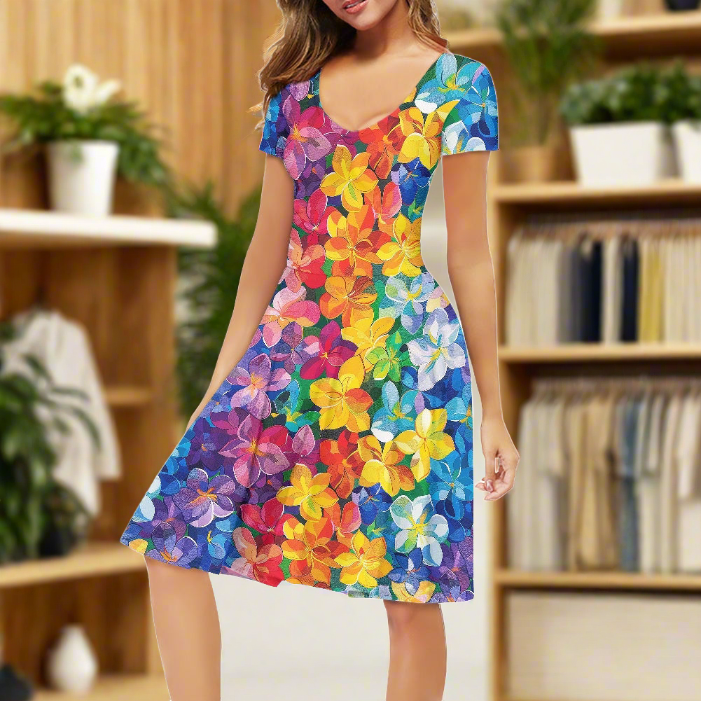 Rainbow Flowers Women V-Neck Short Sleeve Ruffle Dress