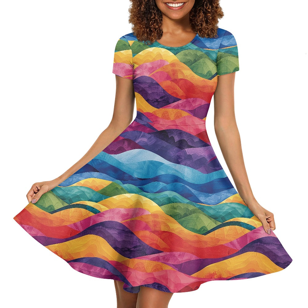 Women Scoop Neck Short Sleeve Ruffle Dress
