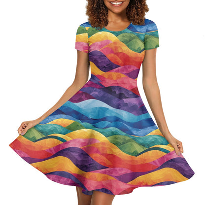 Women Scoop Neck Short Sleeve Ruffle Dress