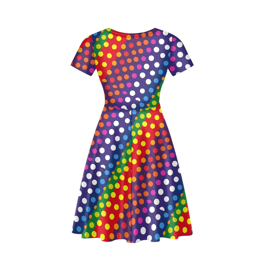 LGBTQ-Friendly Rainbow Polka Dot V-Neck Women Short Sleeve Ruffle Dress by Luxtrini