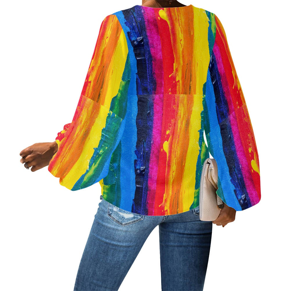 LGBTQ Painting Stripes V-Neck Chiffon Puff Sleeve Blouse by Luxtrini