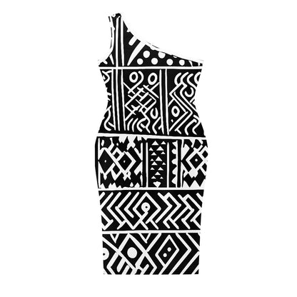 Discover Elegance: Luxtrini's One-Shoulder Slim Dress - B&W Ethnic white