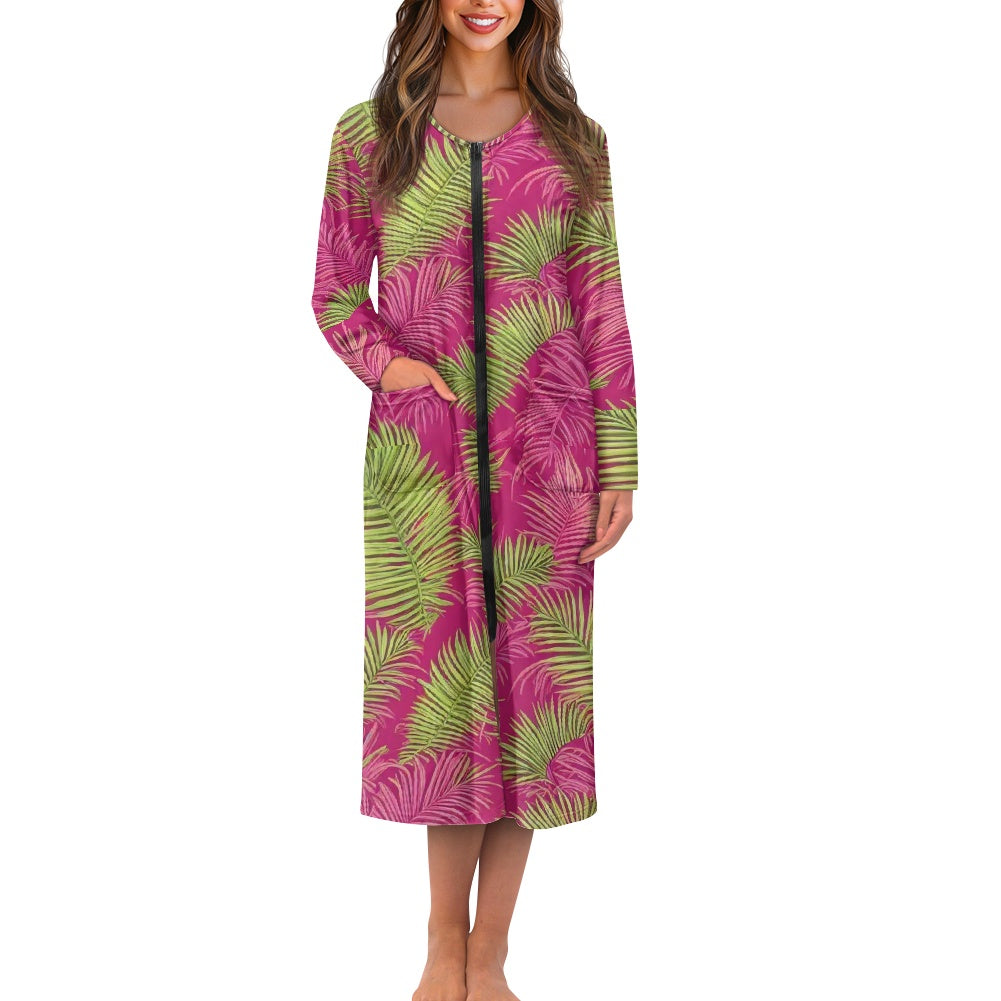 🌿 Tropical Serenity Zipper Nightdress – Luxuriously Soft Comfort white