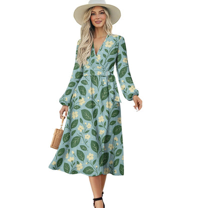 Garden Bloom Tie Waist Midi Dress – Eco-Friendly V-Neck Long Sleeve Floral Dress | Luxtrini Handmade