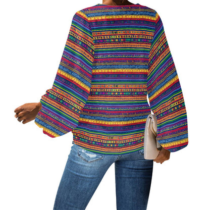 V-Neck Chiffon Puff Sleeve Blouse by Luxtrini