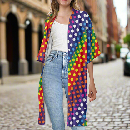 LGBTQ-Friendly Rainbow Polka Dot Versatile Three-Quarter Sleeve Kimono Cover-Up for Beach or Casual Wear by Luxtrini