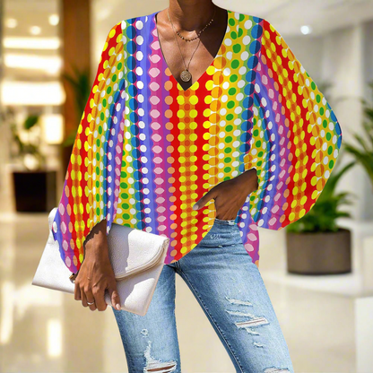 Polka Dot Rainbow Stripes V-Neck Chiffon Puff Sleeve Blouse by Luxtrini