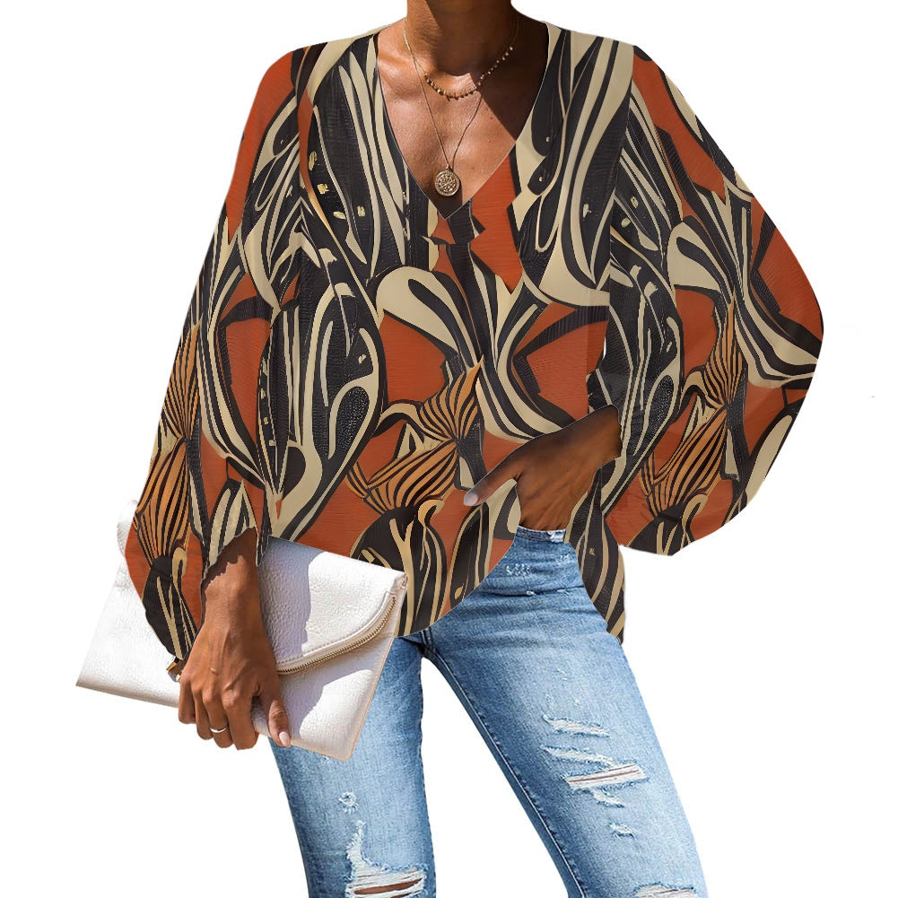 African Ethnic V-Neck Chiffon Puff Sleeve Blouse by Luxtrini 4XL