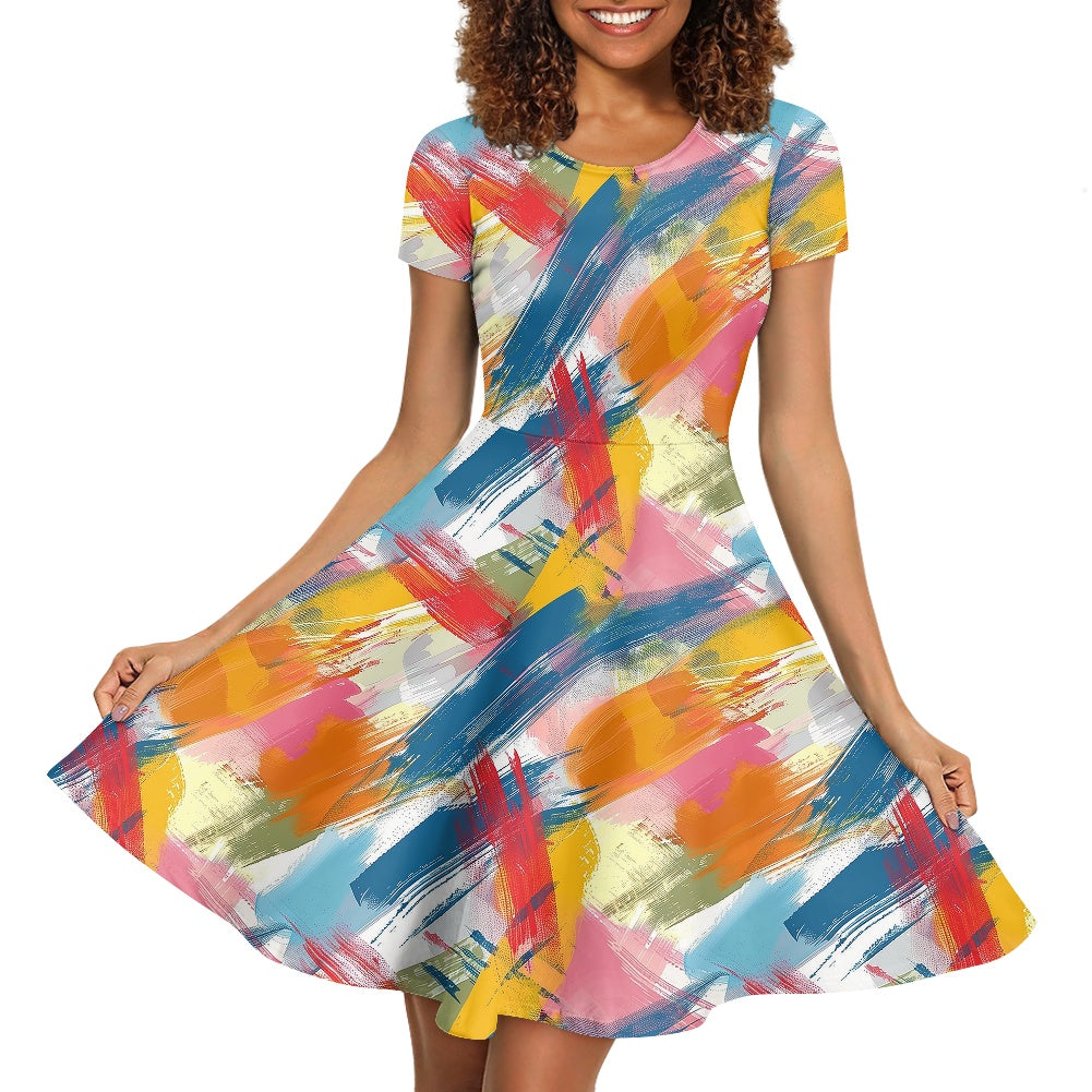 Women Scoop Neck Short Sleeve Ruffle Dress