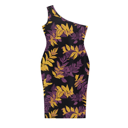 Discover Elegance: Luxtrini's One-Shoulder Slim Dress - Gold & Purple Tropical white
