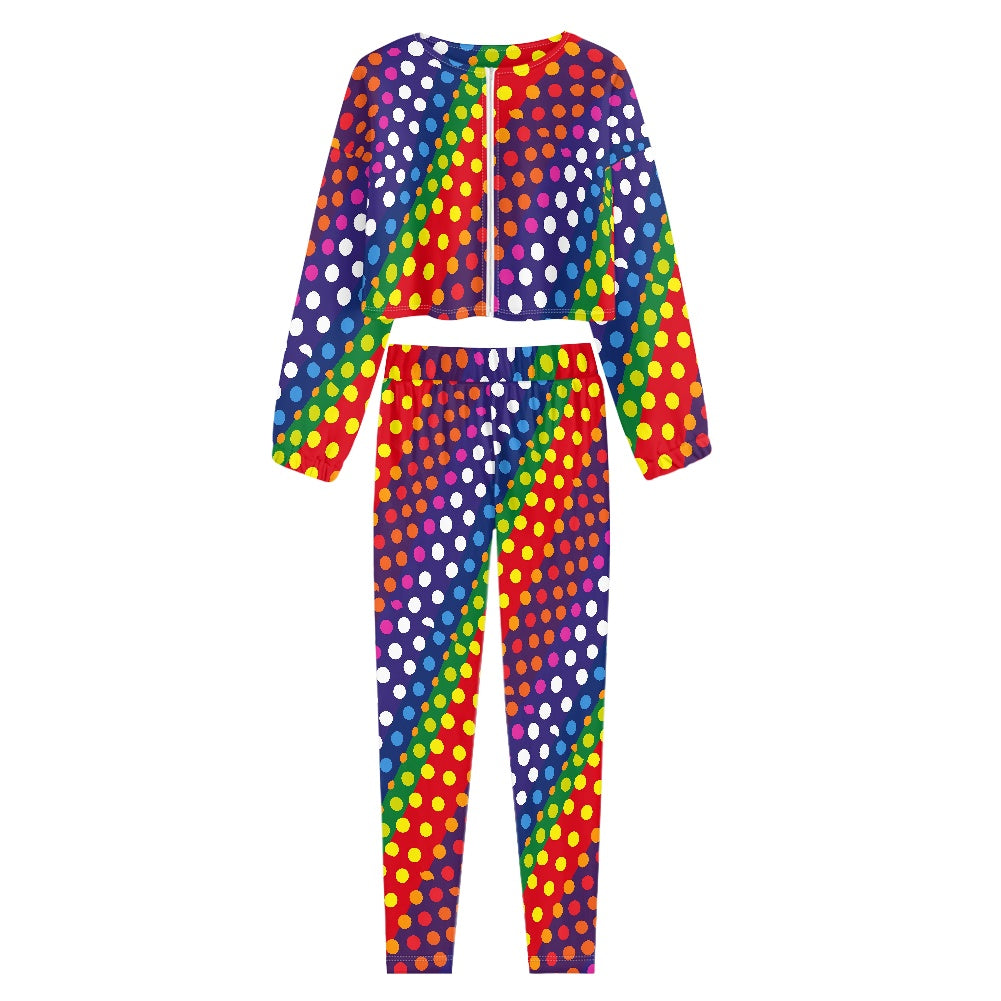 LGBTQ-Friendly Rainbow Polka Dot Trendy Two-Piece Set: Cropped Off-Shoulder Jacket and High-Waisted Leggings by Luxtrini