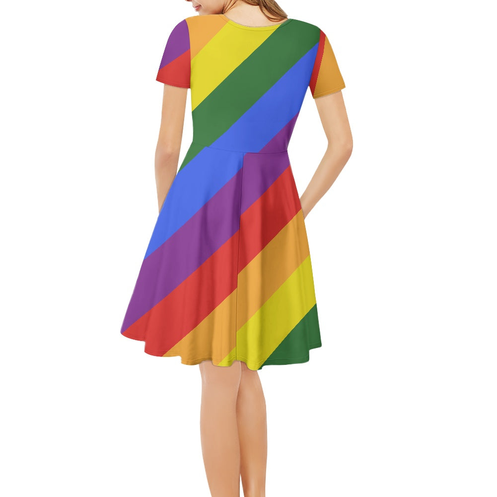 Rainbow Women short Sleeve Ruffle Dress