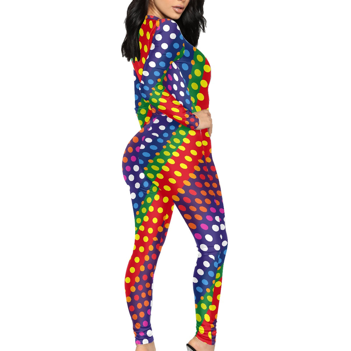 LGBTQ-Friendly Rainbow Polka Dot Sexy Plunging V-Neck Ankle Length Jumpsuit with Long Sleeves and Front Zipper Closure by Luxtrini