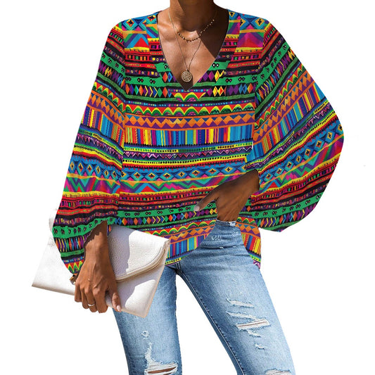 V-Neck Chiffon Puff Sleeve Blouse by Luxtrini 4XL