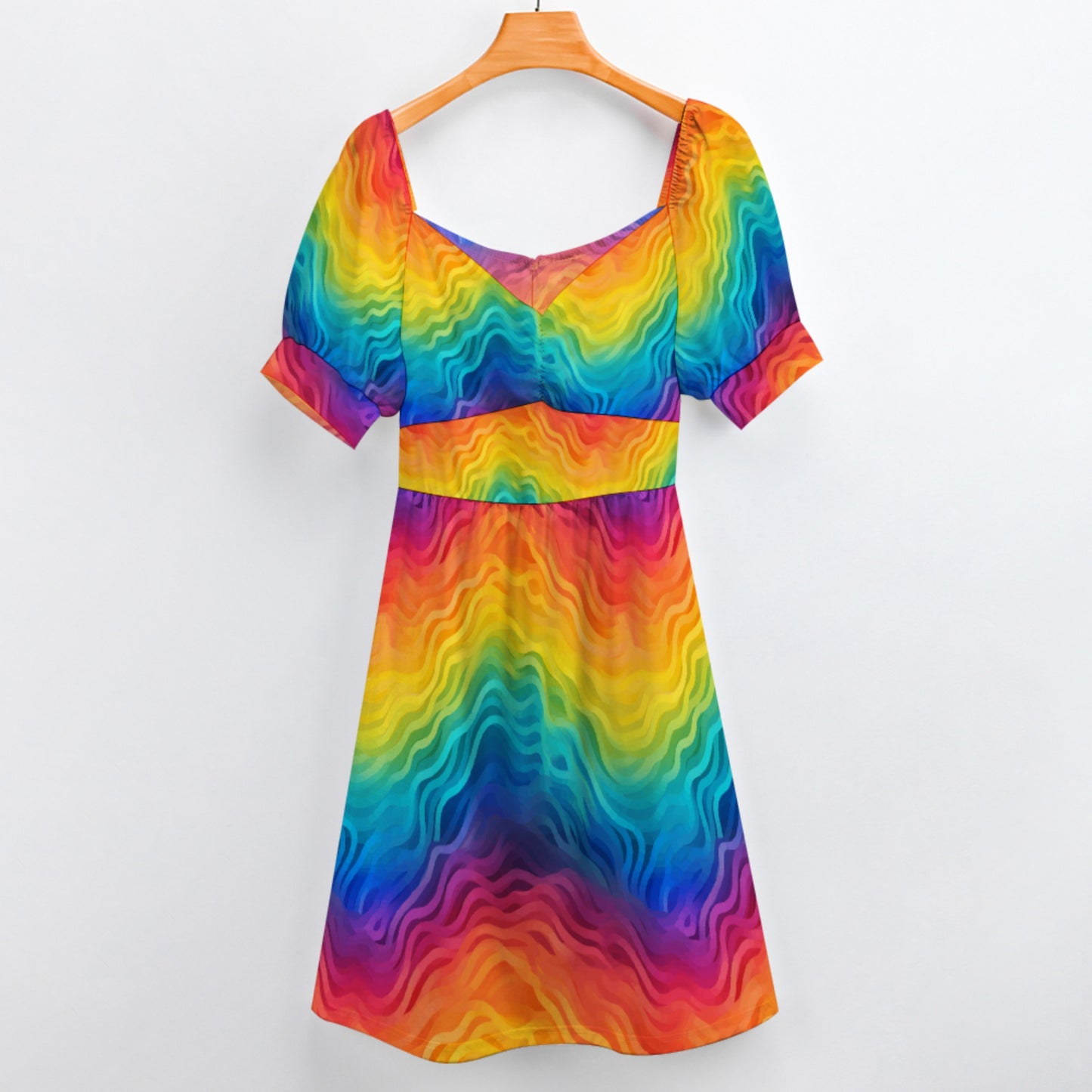 Rainbow Puff Sleeve Dress – Flowy Pride Midi, Short Sleeves & Slim Waist – Colorful Festival or Summer Outfit white