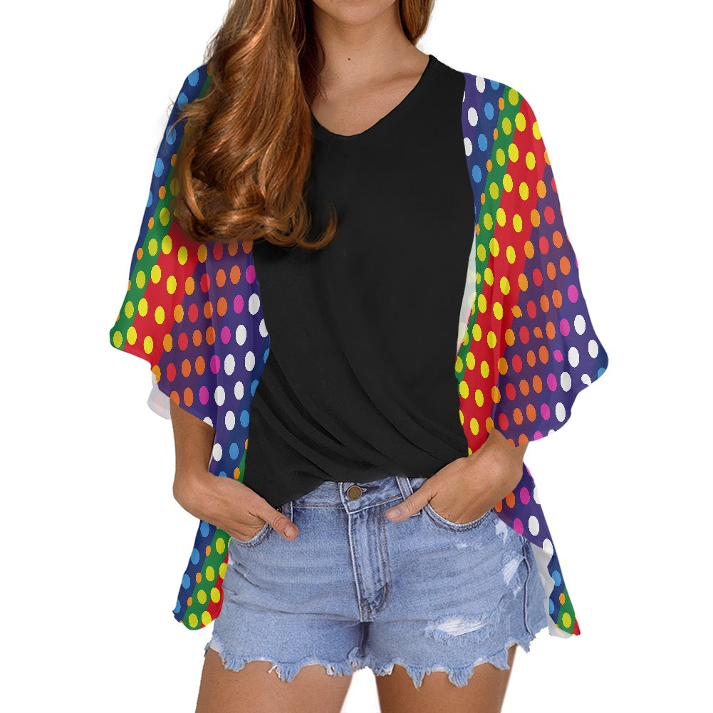 LGBTQ-Friendly Rainbow Polka Dot Women's Cardigan Chiffon Shirt by Luxtrini white