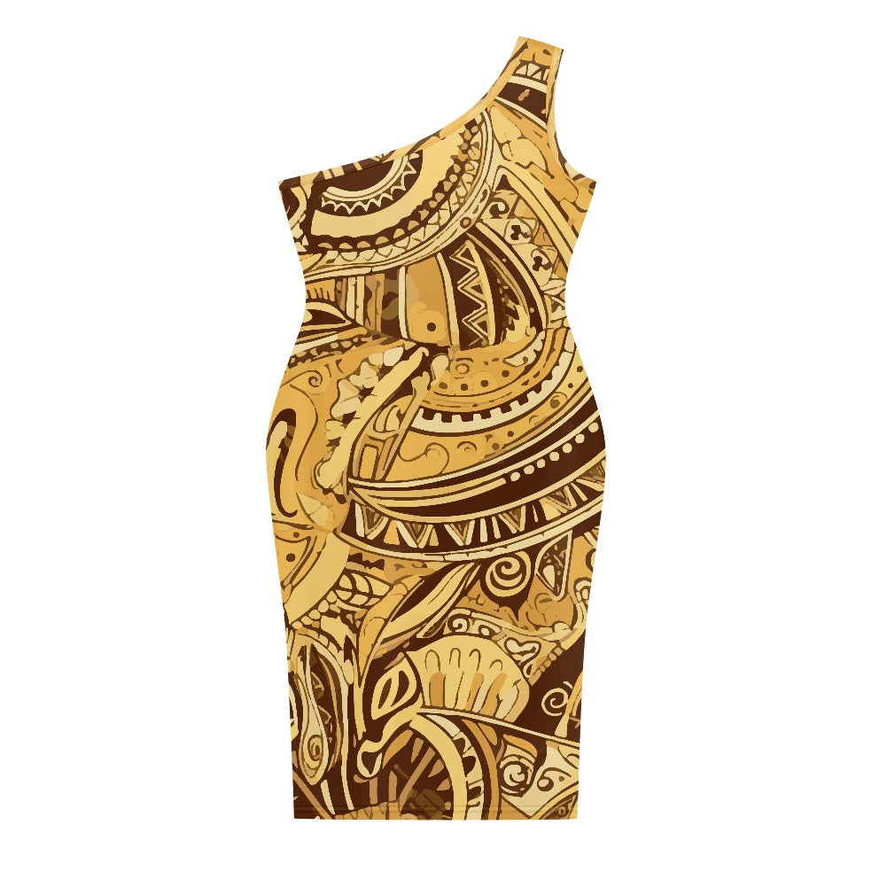 Discover Elegance: Luxtrini's One-Shoulder Slim Dress - Ethnic Yellow