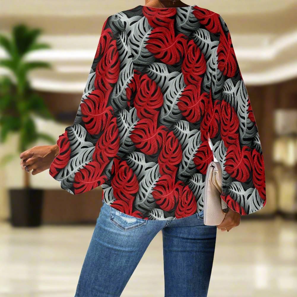 Tropical Red and Gray Monstera V-Neck Chiffon Puff Sleeve Blouse by Luxtrini