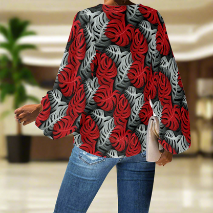 Tropical Red and Gray Monstera V-Neck Chiffon Puff Sleeve Blouse by Luxtrini