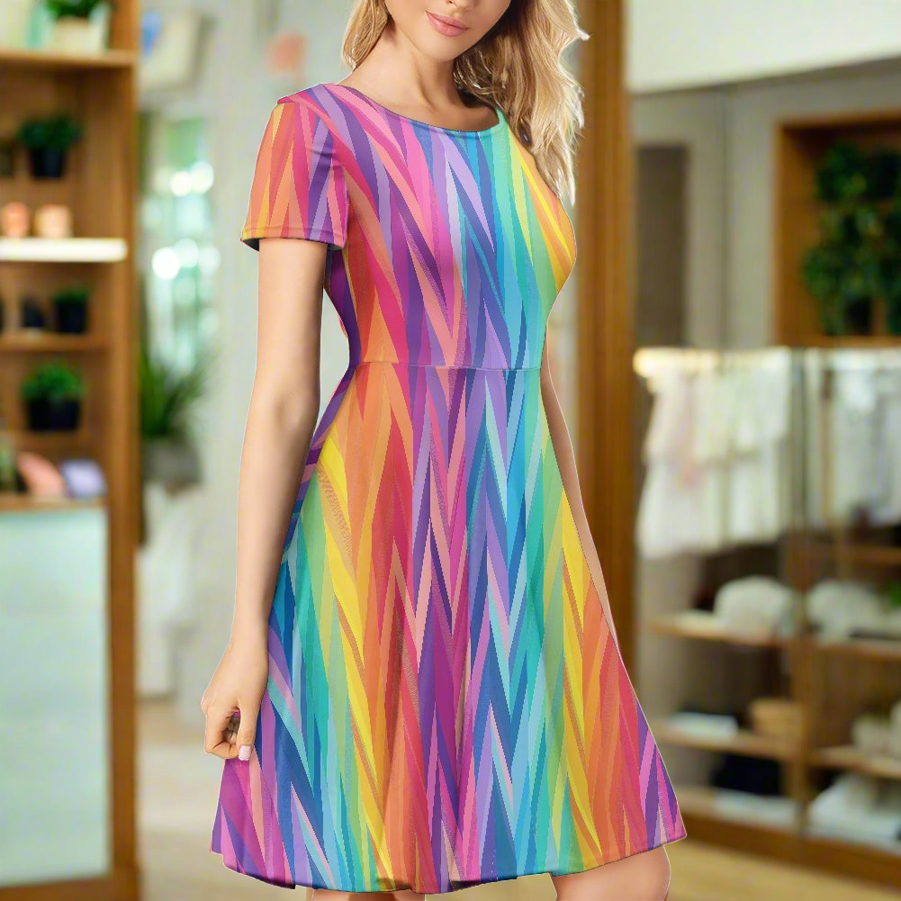 Rainbow Chevron Women Scoop Neck Short Sleeve Ruffle Dress