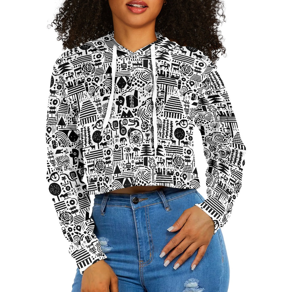 Women's midriff-baring sweatshirt - Ethnic B&W