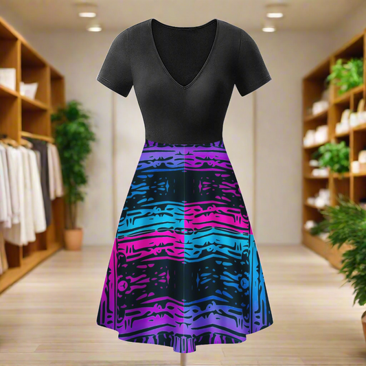 San Marcos Plaid Blue and Purple Black V-Neck Women Ruffle Bottom Dress