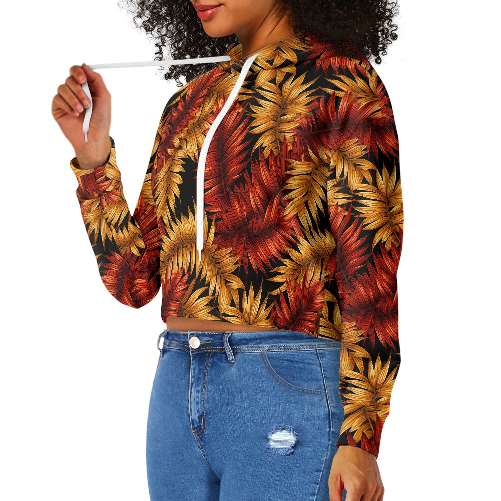 Women's midriff-baring sweatshirt - Red & Gold Tropical
