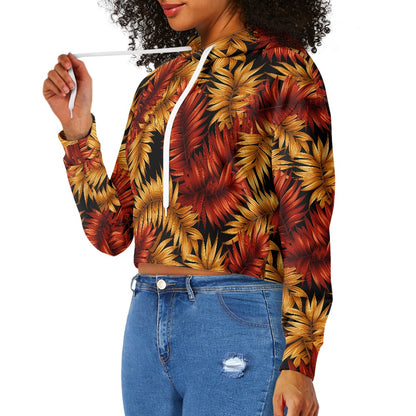 Women's midriff-baring sweatshirt - Red & Gold Tropical