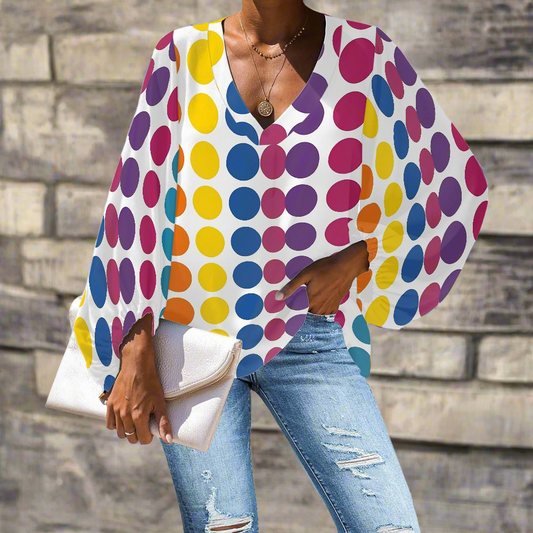 Polka Dots V-Neck Chiffon Puff Sleeve Blouse by Luxtrini